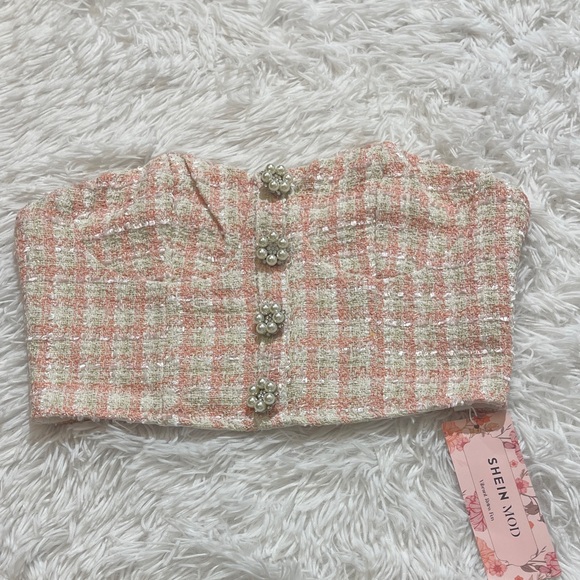 SHEIN Tops - SHEIN Pink and Cream Tweed Bustier WOMENS SIZE XS BEAUTIFUL PEARL BUTTONS NWT